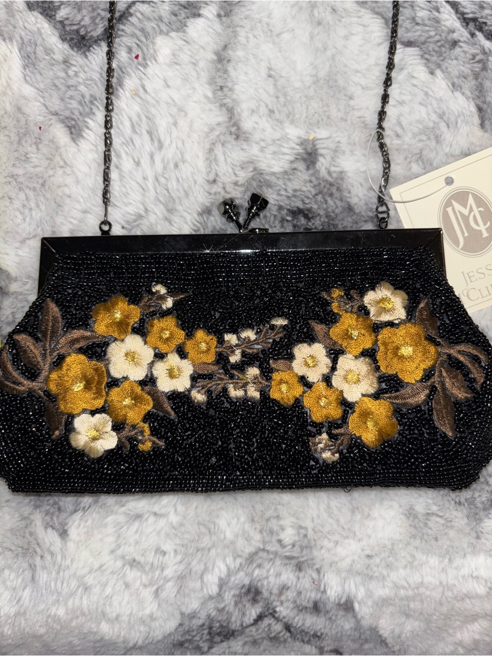 Jessica McClintock Black Beaded Clutch with Gold & Cream Floral Embroidery